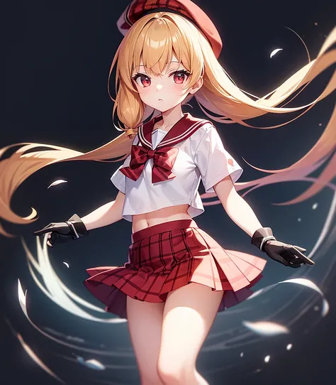 (Sailor suit),(((Red checked mini skirt))),Frills,(Red Beret),,Cute little loli,Tiny Lori,Small girl,,Childish face, Very fine clean face,Top quality, Big eyes,Straight Hair,Yellow hair,Crimson Eye,(Dark Room), Subtle light, Natural light,Soft lighting,Lig...