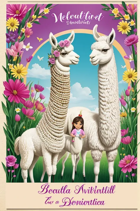 Beautiful llama invitation card with flowers Name Melek Serrano 7 years old 