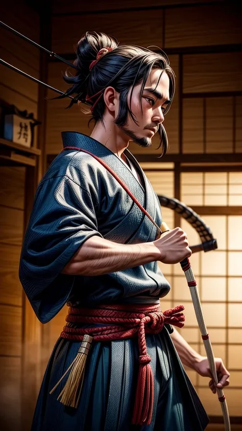 a samurai in a traditional japanese archery dojo, aiming a bow with a serious expression, dramatic lighting, cinematic composition, intricate details, muted colors, realistic rendering