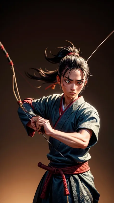 a samurai in a traditional japanese archery dojo, aiming a bow with a serious expression, dramatic lighting, cinematic composition, intricate details, muted colors, realistic rendering