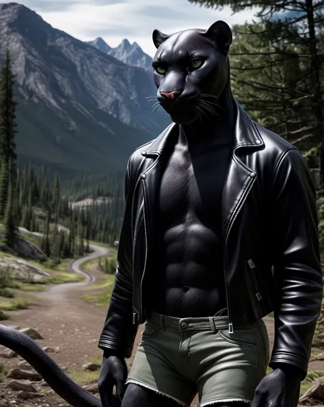 anthro, realistic panther, solo, female, adult, open leather biker jacket, no shirt, unbuttoned leather shorts, realistic black fur, semi-masculine body, panther ears, panther tail, detailed background, wilderness road background, hyper realism, RAW photo,...