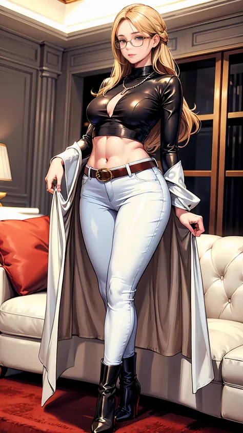 Beautiful girl with mid straight blond hair with blue eyes wearing Tight Long Jeans Skirt With Leather Belt, White Mid Sleeves Secretary Shirt, luxurious jewelry and luxurious necklace, rimless glasses, high heel boots, standing in her living room at night...