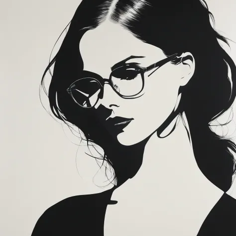 (Minimalist:1.5)，Mono Color，A beautyful girl with glasses，siluette，abstract paintings，Lots of white space