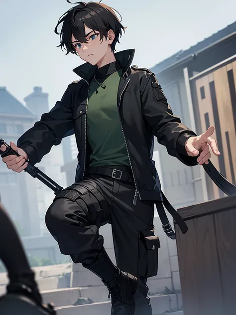 Main Clothing**:
- **chemise**: Ryuga wears a black fitted long-sleeved shirt., made from a lightweight, durable fabric that allows freedom of movement and protection from the weather.
- **jaket**: Over the shirt, he wears a dark green sleeveless jacket wi...