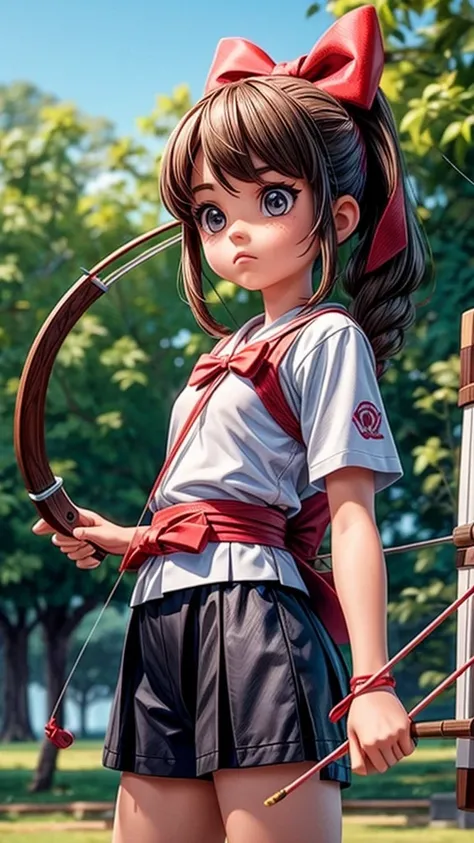 Archery dojo、Girl with a bow、Serious look、nervous