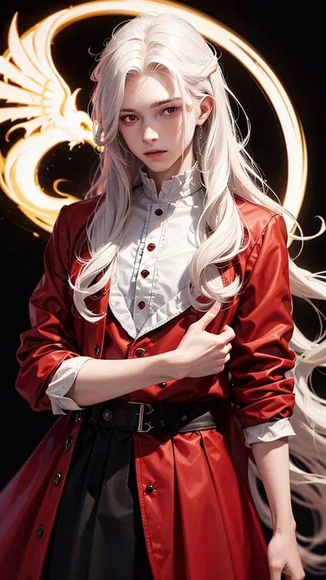 A 20-year-old man wearing a red Victorian dress, wavy white hair, Caucasian skin, Eyes red, rosy mouth and cheeks, indecent look. Hes a vampire. Hes looking at the viewer. Black background with yellow lights.