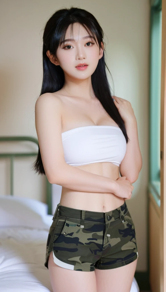 close-up of beautiful Chinese, Ningning is a AESPA South Korean pop girl group, age 22 years old girl, youthful face, perfect body, white body skin, very long hair, black hair, straight hair, 36 inches breasts size, wearing a plain standard white strapless...