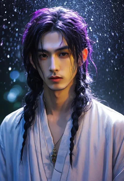 An ethereal sultryseductivedemonic 20 year old anime male druid with metallic long hair and tattoos, delicate masterpiece intimate glowing neon tattoos, anime druid demon male hellscape at night, manga inspired by Masashi Wakui, rainbow color palette, atmo...