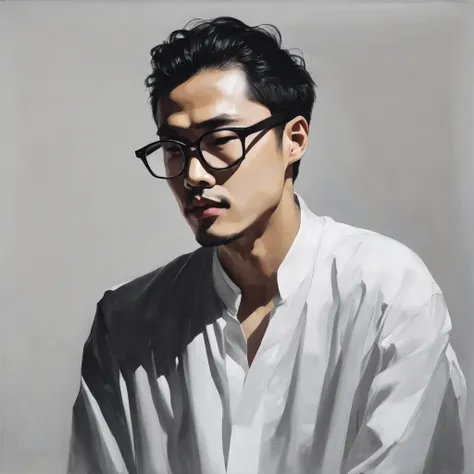 (Minimalist:1.5)，Mono Color，an Asia man with stubble, slightly curly hair, and black square plastic-framed glasses，abstract paintings，Lots of white space