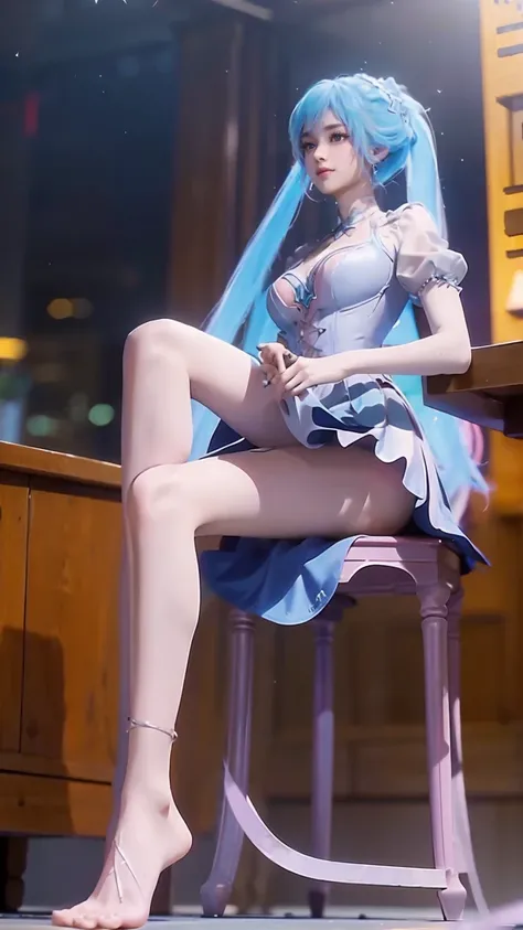 ((Shot in the knee)), ((From below)),A young girl, Wearing a skirt，At the bar, sit on the chair, Cross your legs, Posing elegantly, Detailed scenario, Messy long hair, Blush Blush, Beautiful slender legs, (Very high color saturation), details, Ultra Detail...