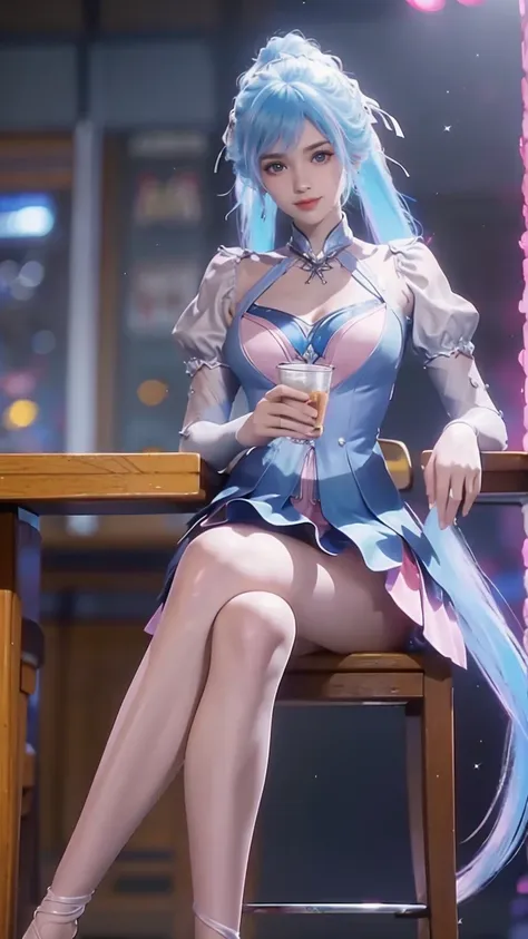 ((Shot in the knee)), ((From below)),A young girl, Wearing a skirt，At the bar, sit on the chair, Cross your legs, Posing elegantly, Detailed scenario, Messy long hair, Blush Blush, Beautiful slender legs, (Very high color saturation), details, Ultra Detail...