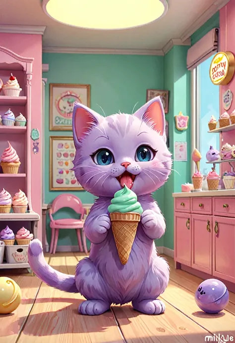 ((cat drooling while looking at an ice cream shop sign in the city)), A charming, chibi-style rendition of a cute kitten, designed with exaggerated, adorable features. Tongue out. The kittens eyes are large and expressive, resembling bright sapphire crysta...