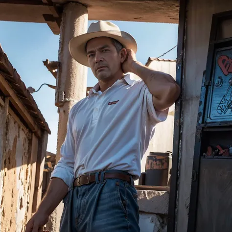 Close-up A dramatic and visually stunning realistic photo with vibrant colors, depicting a man, 40 years old, gray hair, very strong, blue eyes, looking att the camera, wearing a COUNTRY outfit with cowboy hat. The man poses with his hand on his waist look...