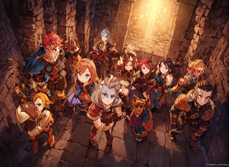 a group of adventurers exploring a dungeon, (masterpiece), best quality, highres, 4k, 8k, intricate detail, cinematic lighting, amazing quality, amazing shading, soft lighting, Detailed Illustration, official artwork, anime style, wallpaper, official art, ...