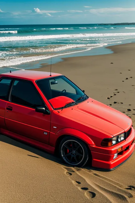 Make a couple of women on the beach with a tuned red Nissan B13