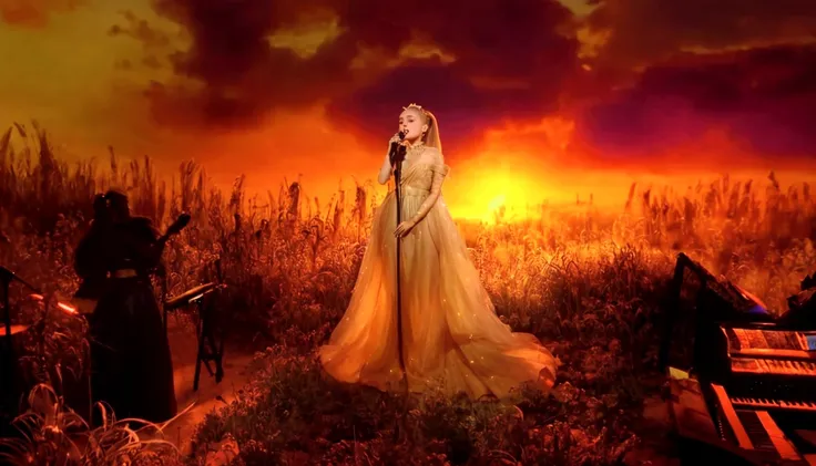 ariana grande, a pretty woman in a long dress singing into a microphone in a field, blonde ponytail, foreground background, perf...