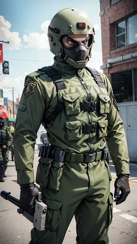 olive green armed guard with helmet and riot shield looking angry at me