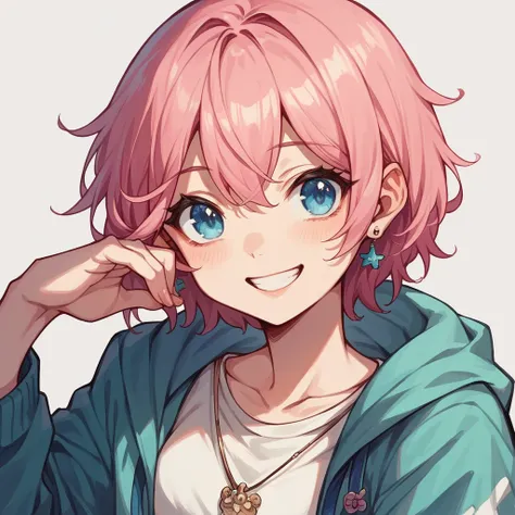 anime style drawing, Girl with pink hair, twenty-four years old, with light blue eyes, looking towards the camera in a photograph, smiling sweetly. 