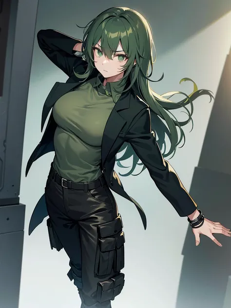 The character with a black long-sleeved shirt gray colored cargo pants a dark green colored sleeveless jacket and combat boots and combat gloves as well