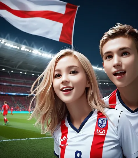 Best original photoshoot with neon light and unique painting, British flag painting colors on the faces, 2 cute blonde young soccer fans wearing England soccer jersey and standing in stadium bleacher, celebrating a goal by Harry Kane, floating hair, natura...