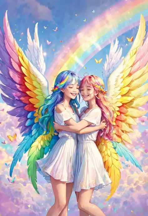 angels with rainbow colored wings in pastel colors smiling, hugging earth, happiness, smiles, love, perfect lighting, surrounded...