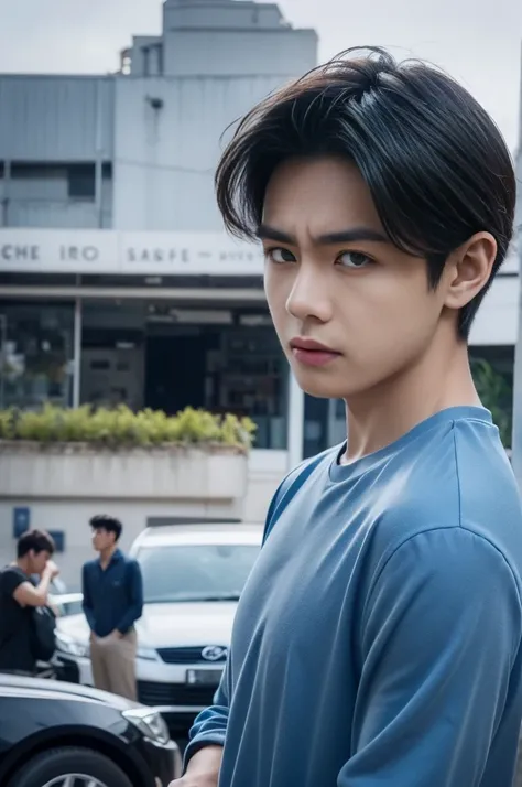 young man in a blue shirt Standing on the roadside with a serious expression, looking into the distance，Eyebrows frowned.，He looked worried.，Turn your head slightly.，Cloudy day, coffee shop