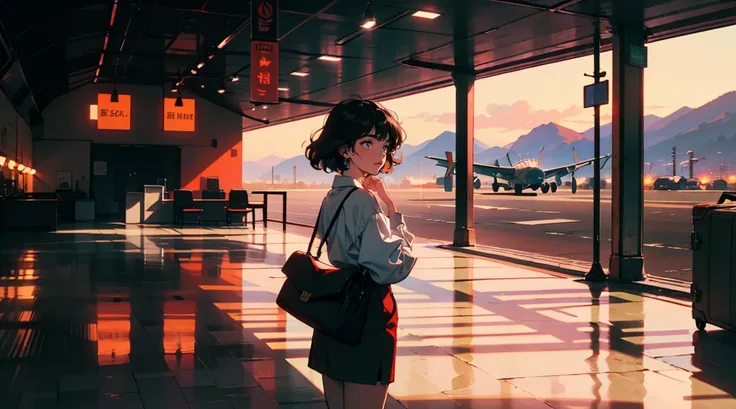 New modern airport, The plane is flying, It has a nice atmosphere, Adult women, Trunk Case ,Perfect Face, A melancholic look, (Backlight: 1.1), A scene from a movie, Soft Shadows, masterpiece, Highest quality, Complex, Model shooting style, Vintage, Film G...