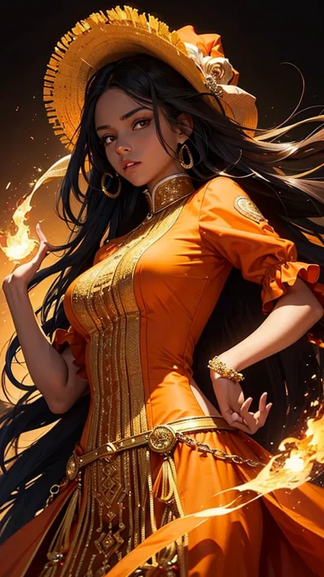 A 20-year-old girl with dark skin, gold eyes, very curly and long hair, wearing an orange Victorian dress. Hes looking at the viewer. look of determination. Black background with yellow lights.