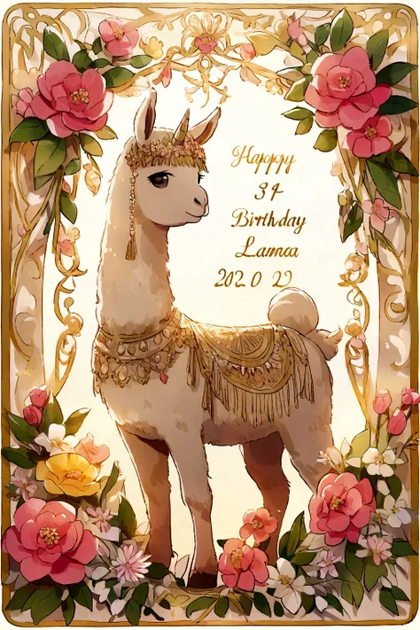 Llama theme birthday card with flowers information Melek Serrano 7 years old 