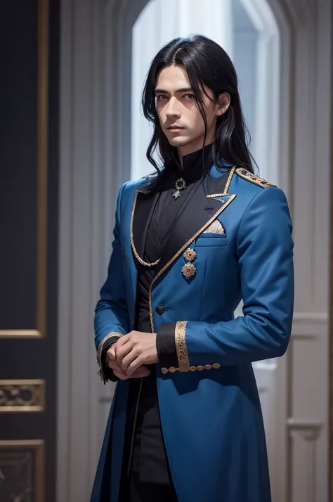 Man with dark eyes and hair, blue dress, clothes of a former prince 