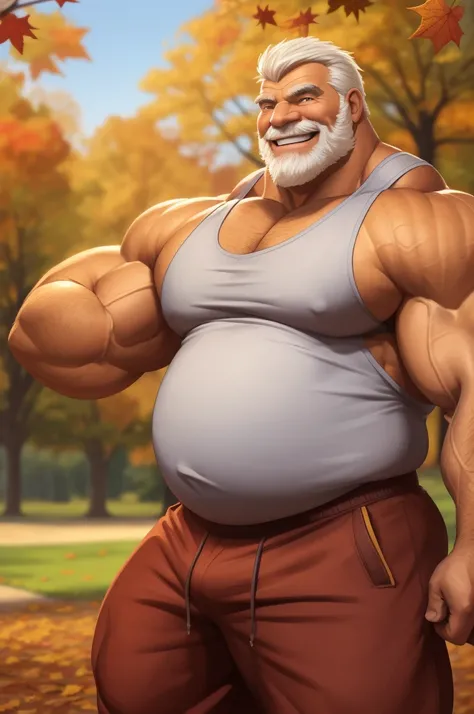 a muscular old man in park, musclegut, tank top, happy, autumn, bokeh, smile, (masterpiece:1.2),(best quality,8k,highres),huge and muscular man,thick arms,short white hair,detailed face,warm autumn colors,blurred background,smiling cheerfully