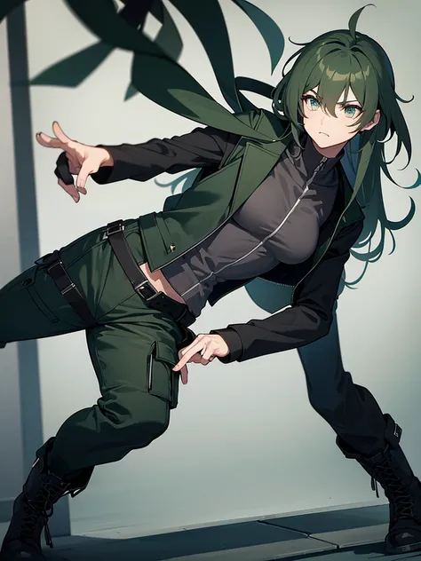 The character with a black long-sleeved shirt gray colored cargo pants a dark green colored sleeveless jacket and combat boots and combat gloves as well