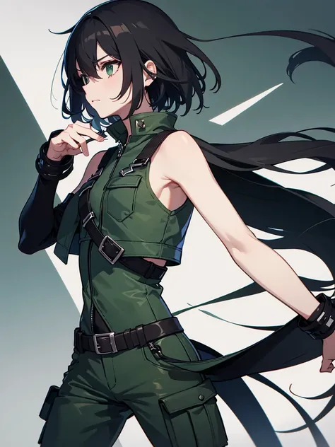 The character with a black long-sleeved shirt gray colored cargo pants a dark green colored sleeveless jacket and combat boots and combat gloves as well