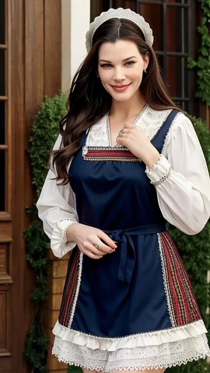 Liv Tyler dressed in traditional German clothing with a smile