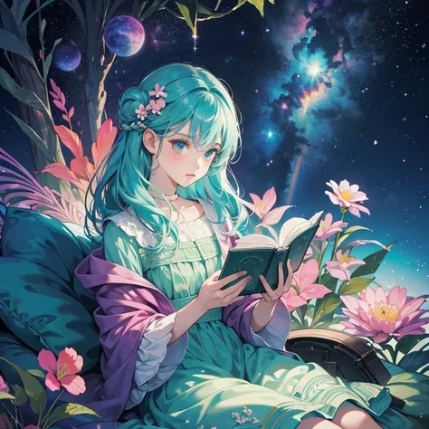 (best qualityer, work of art), 1 girl, reading a book, particle, Tuuli, flowers, trunk, simple background, gazing at viewer, rainbow colored hair, short teal floaty dress, cosmic, nebulas, Galaxy