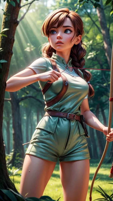 a female archer pulling back the bowstring, intense expression, archery competition, bowstring release, dynamic motion, detailed face, athletic body, outdoor forest setting, sunlight streaming through trees, cinematic lighting, muted color palette, depth o...