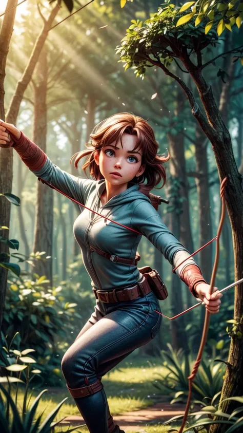 a female archer pulling back the bowstring, intense expression, archery competition, bowstring release, dynamic motion, detailed face, athletic body, outdoor forest setting, sunlight streaming through trees, cinematic lighting, muted color palette, depth o...