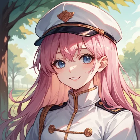 anime style girl drawing, long pink hair, soft blue eyes, a somewhat serious smile, lovely body, uniform, background of a school