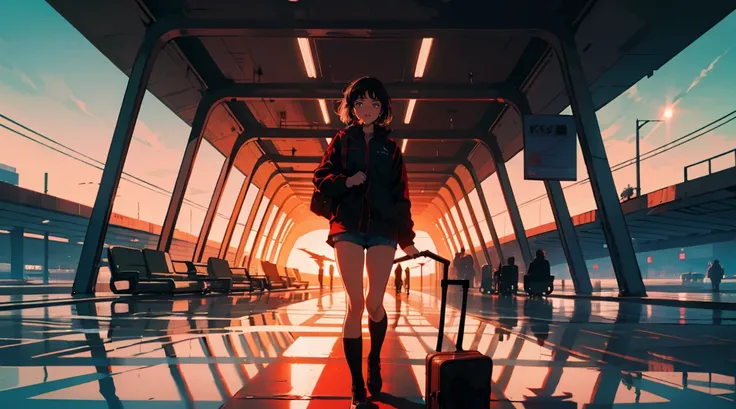 New modern airport, The plane is flying, It has a nice atmosphere, Adult women, Trunk Case ,Perfect Face, A melancholic look, (Backlight: 1.1), A scene from a movie, Soft Shadows, masterpiece, Highest quality, Complex, Model shooting style, Film Grain, Wid...