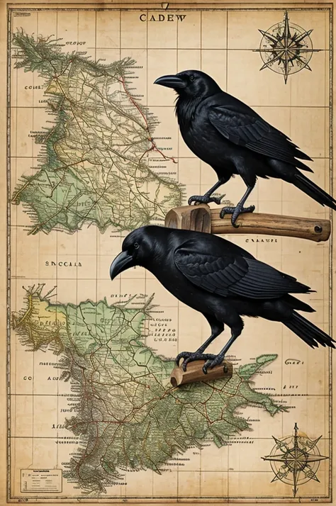 Crow carrying a map over a forest