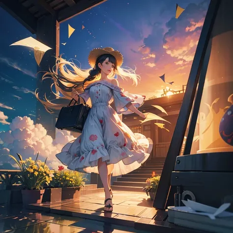 Theres a suitcase with a straw hat on top, clouds, atmosphere, Sheets, chrysanthemums floating in the air, paper airplanes, (miniatures: 1.2), 2.5 d illustration, 3D rendering, 3 d modeling, bubble matte, trend in 3d art behans, trend in 3d art behans, 3d ...