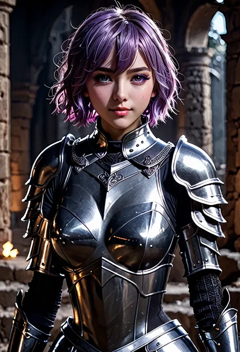 (masterpiece, top quality, best quality, beautiful and aesthetic:1.2), full body, SFW, extremely detailed, detailed face and eyes, cinematic light, depth of field, 1girl, seducing smile, solo, official, (full armored knight:1.4), dark armor, mash kyrieligh...