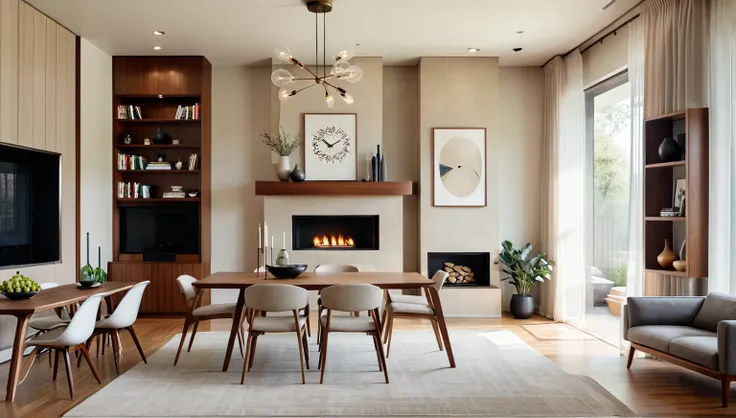 AiARTiST,MO-ID,modern interior design,living room,wooden dining table,mid-century chairs,built-in bookshelf,fireplace,minimalist art on wall,neutral color palette,natural lighting,sheer curtains,hardwood floor,contemporary,clean lines,cozy atmosphere,area ...