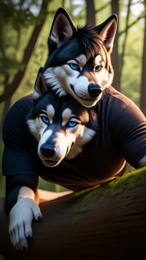 Sexy Posing, male, 30 years old, cute, eyeliner, short black hair, biting lip smile, black shirt, bedroom eyes, anthro, dog ears, (black fur:1.5),husky dog, forest background, 8k, hi res, (best quality, masterpiece), blue eyes, lying on log, husky tail