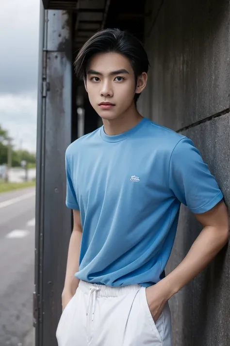 young man in a blue shirt Standing on the roadside with a serious expression, looking into the distance，Eyebrows frowned.，He looked worried.，Turn your head slightly.，Cloudy day, coffee shop