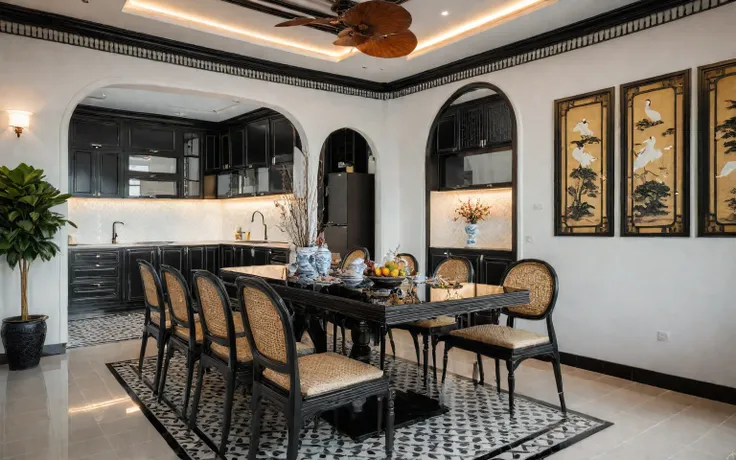 RAW photo, Masterpiece, high quality, best quality, authentic, super detailed, glossy indochina black furniture), 1 indochina style, Indochina interior, 1 dining table set, 1 kitchen cabinet inside, 1 kitchen island, 1 aluminum window on the left, sunshade...