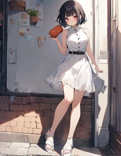 1girl,solo,blunt-bangs,19 years old,short-hair,large_breasts,black-hair,red-eyes, sleeveless_white_lace_trimmed_button_front_white_dress_with_belt,white_sandals,full_body,eating a lunch box