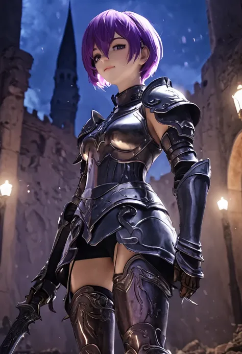 (masterpiece, top quality, best quality, beautiful and aesthetic:1.2), full body, SFW, extremely detailed, detailed face and eyes, cinematic light, depth of field, 1girl, seducing smile, solo, official, (full armored knight:1.4), dark armor, mash kyrieligh...