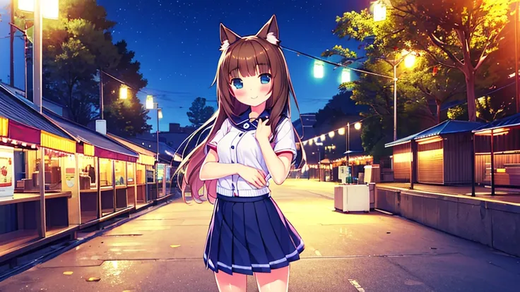 {Highest quality], [Super beautiful], [Ultra fine], [Best illustration], NSFW,Brown Hair, Hime cut, Long Hair blue ,cat ear , With bangs, girl,,uniform,knit cardigan,Short sleeve,skirt,smile, blush, Slender women,Standing posture,(Public),Night Park,Summer...