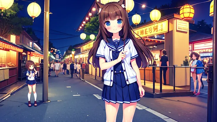 {Highest quality], [Super beautiful], [Ultra fine], [Best illustration], NSFW,Brown Hair, Hime cut, Long Hair blue ,cat ear , With bangs, girl,,uniform,knit cardigan,Short sleeve,skirt,smile, blush, Slender women,Standing posture,(Public),Night Park,Summer...